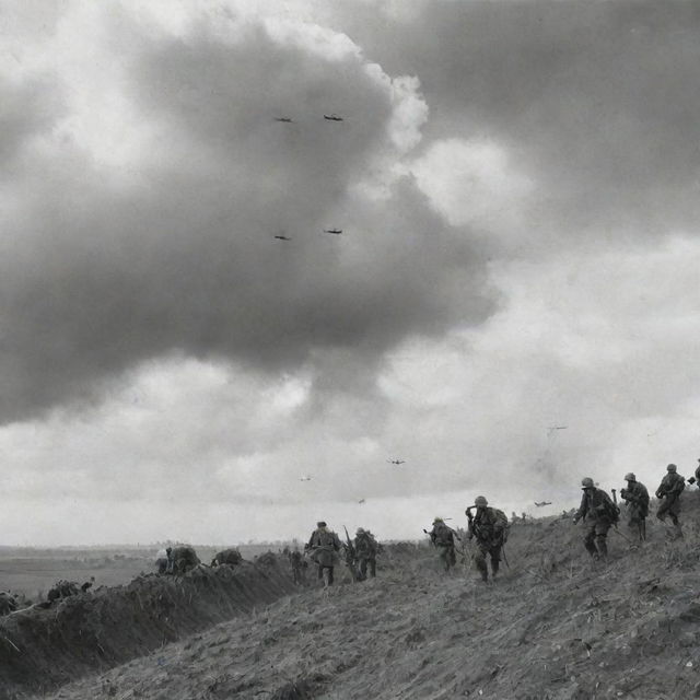 A historic black and white scene from World War 2 showing soldiers in trenches, with fighter planes streaking across the cloudy sky overhead.