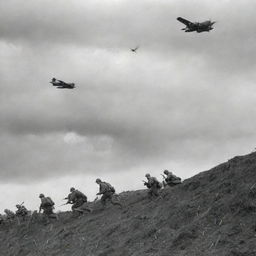 A historic black and white scene from World War 2 showing soldiers in trenches, with fighter planes streaking across the cloudy sky overhead.