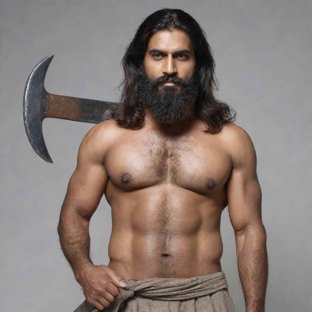 An Indian man with long, thick hair and a moderate beard, holding two short axes. He has a lean, not heavily muscular build.