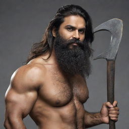 An Indian man with long, thick hair and a moderate beard, holding two short axes. He has a lean, not heavily muscular build.