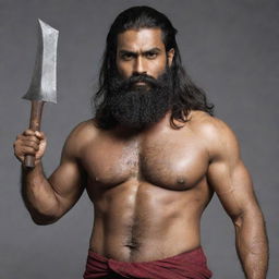 An Indian man with long, thick hair and a moderate beard, holding two short axes. He has a lean, not heavily muscular build.