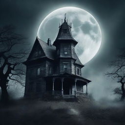 A terrifying and eerie book cover featuring a dark, haunted house on a hill under a full moon