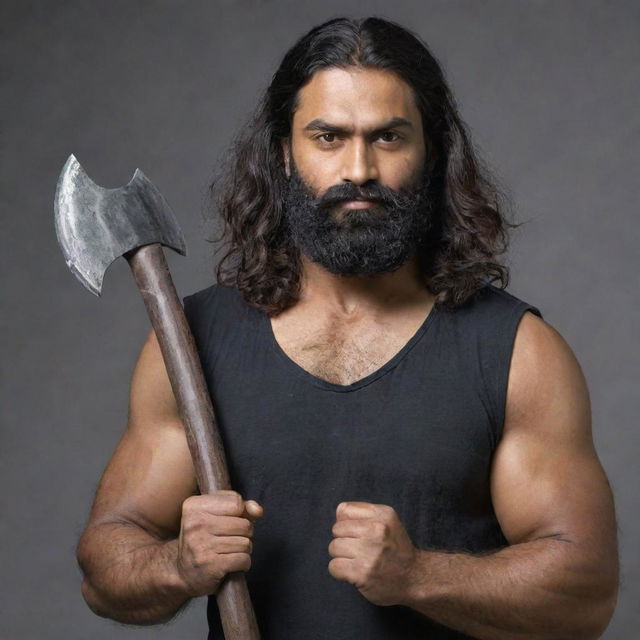 An Indian man with long, thick hair and a moderate beard, holding two short axes. He has a lean, not heavily muscular build.