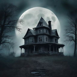 A terrifying and eerie book cover featuring a dark, haunted house on a hill under a full moon