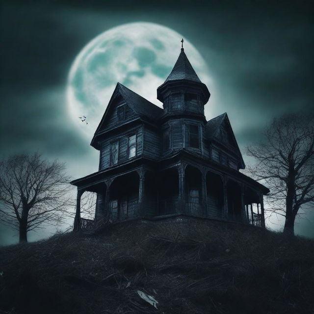 A terrifying and eerie book cover featuring a dark, haunted house on a hill under a full moon