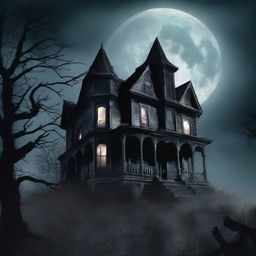 A terrifying and eerie book cover featuring a dark, haunted house on a hill under a full moon