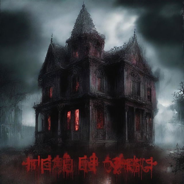 A graphic and horrifying book cover featuring a dark, decrepit mansion with blood-stained windows