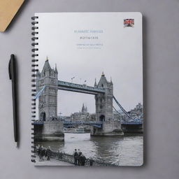 A stylish English notebook cover featuring an image of London Bridge with a student in the foreground