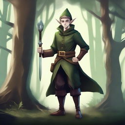 A mischievous elf rogue with a sly grin, dressed in dark, stealthy attire, standing in a mystical forest