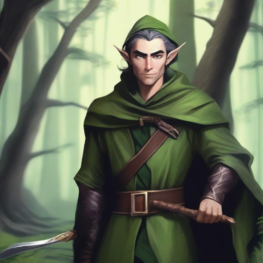 A mischievous elf rogue with a sly grin, dressed in dark, stealthy attire, standing in a mystical forest