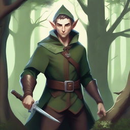 A mischievous elf rogue with a sly grin, dressed in dark, stealthy attire, standing in a mystical forest