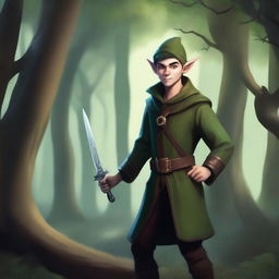 A mischievous elf rogue with a sly grin, dressed in dark, stealthy attire, standing in a mystical forest