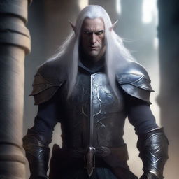 An edgy high elf rogue man with an intense expression, dressed in dark, intricate armor, standing in a shadowy and mysterious setting