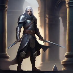 An edgy high elf rogue man with an intense expression, dressed in dark, intricate armor, standing in a shadowy and mysterious setting