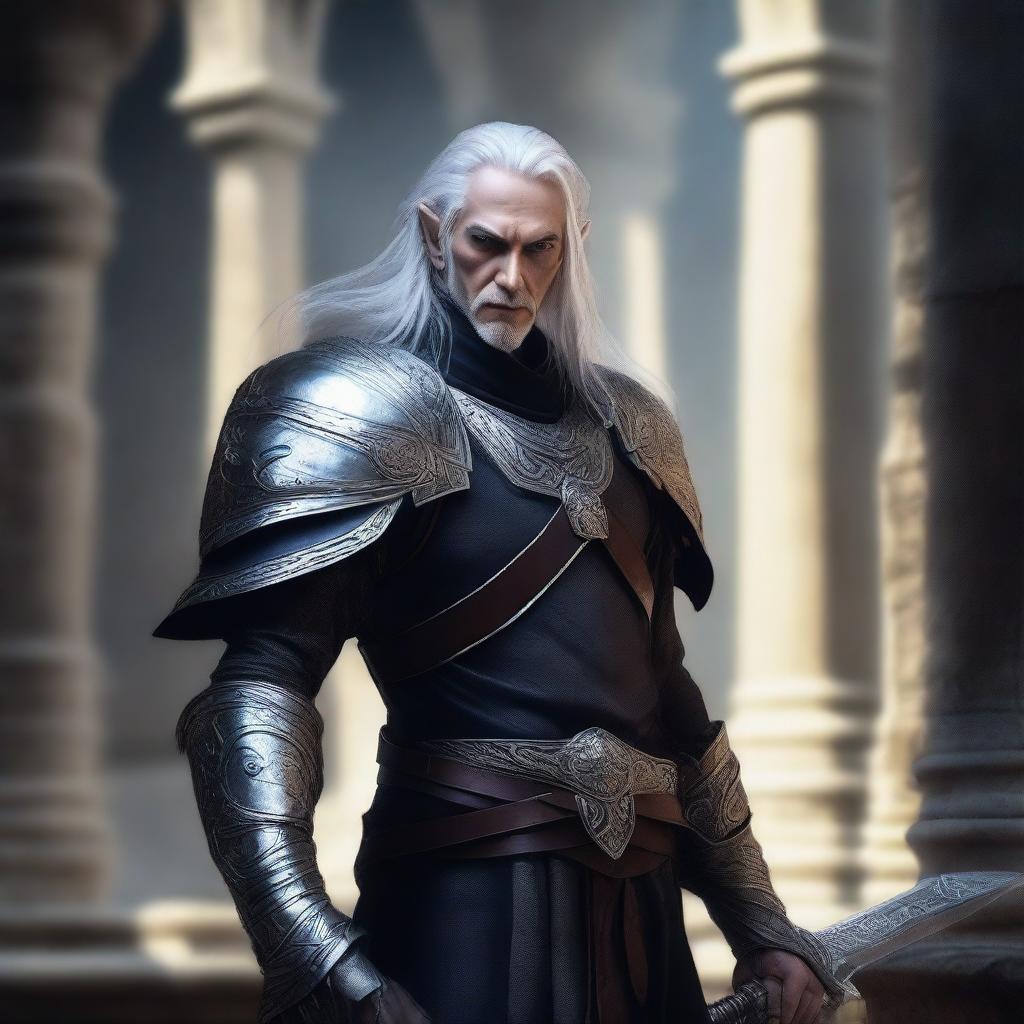 An edgy high elf rogue man with an intense expression, dressed in dark, intricate armor, standing in a shadowy and mysterious setting