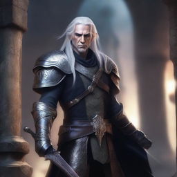 An edgy high elf rogue man with an intense expression, dressed in dark, intricate armor, standing in a shadowy and mysterious setting