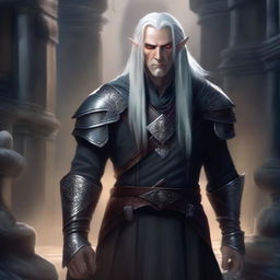 An edgy high elf rogue man with an intense expression, dressed in dark leather armor, standing in a shadowy and mysterious setting