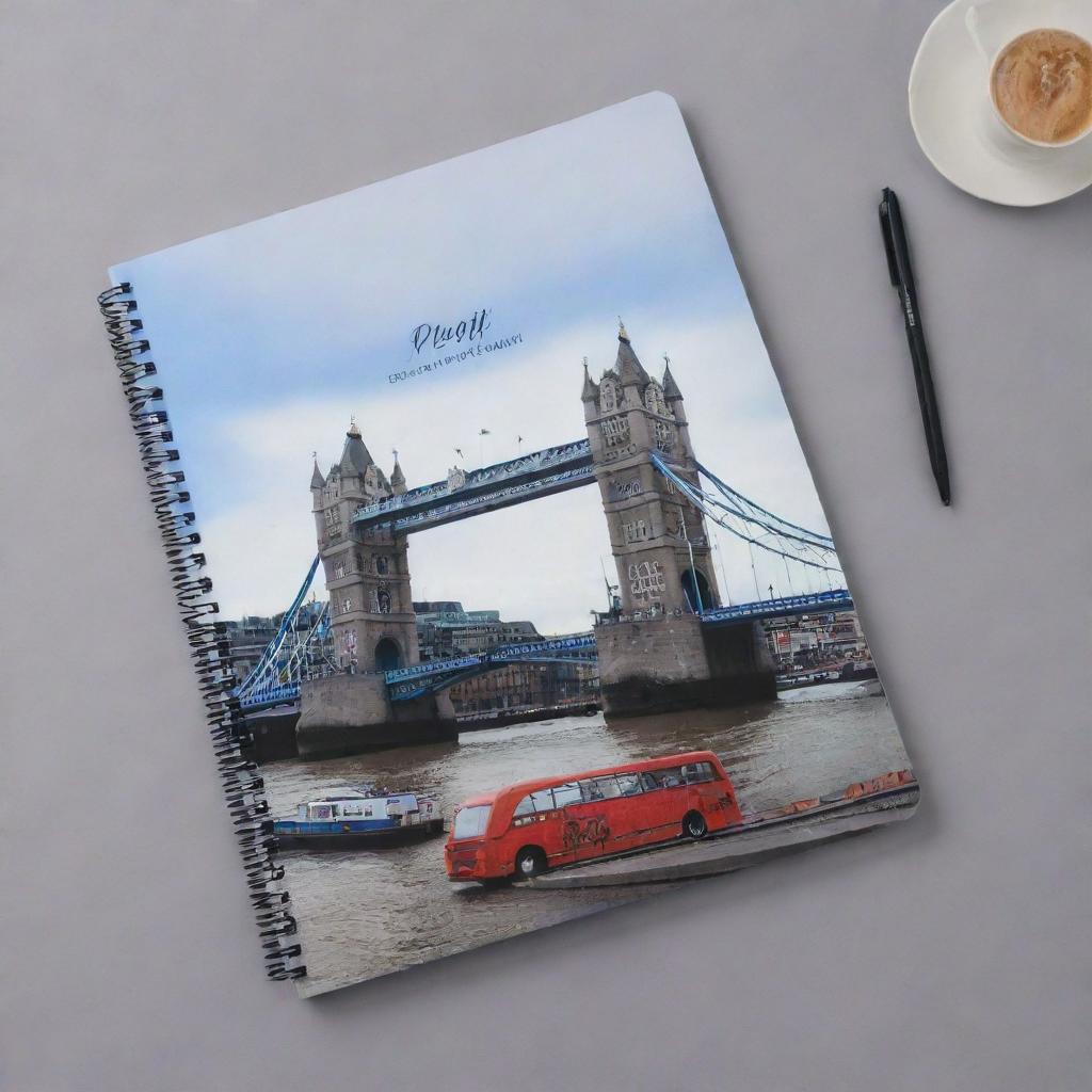 A stylish English notebook cover featuring an image of London Bridge with a student in the foreground