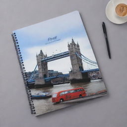 A stylish English notebook cover featuring an image of London Bridge with a student in the foreground