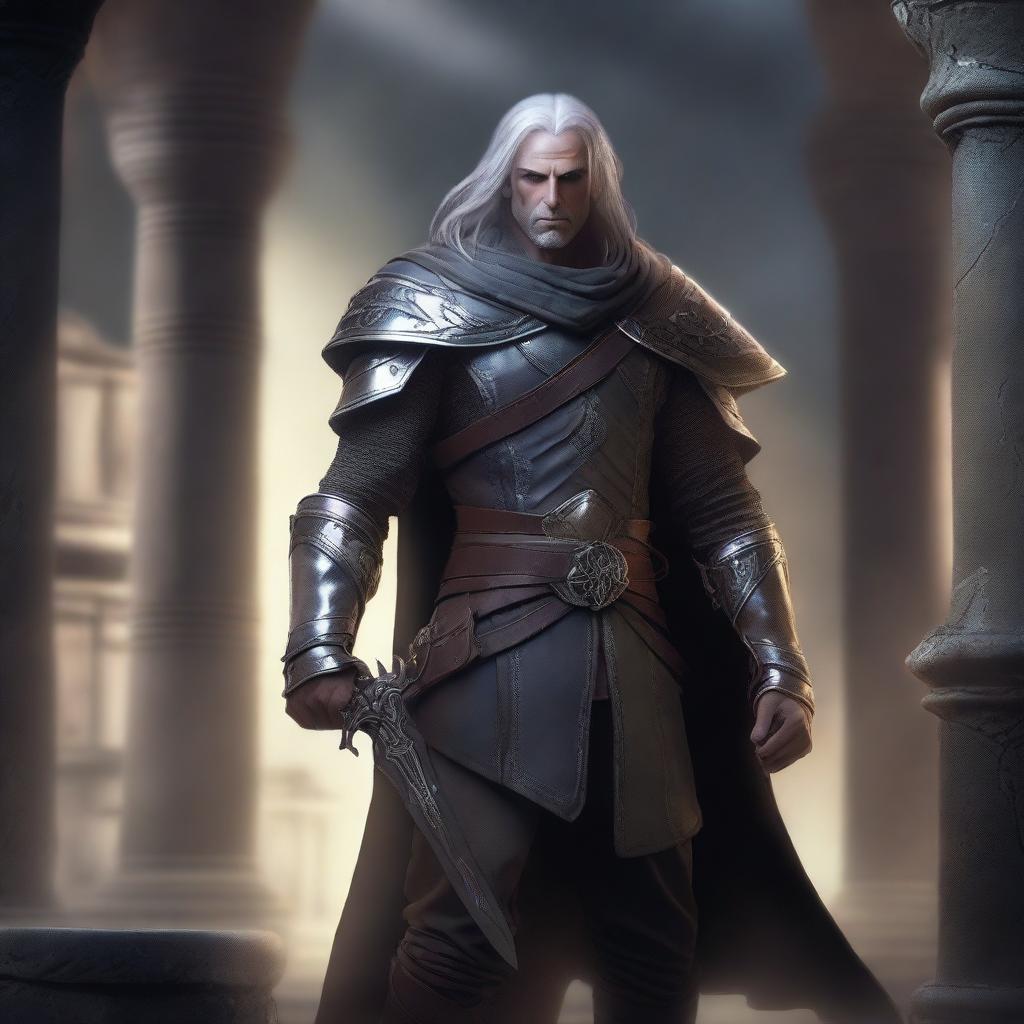 An edgy high elf rogue man with an intense expression, dressed in dark leather armor, standing in a shadowy and mysterious setting