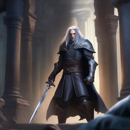 An edgy high elf rogue man with an intense expression, dressed in dark leather armor, standing in a shadowy and mysterious setting