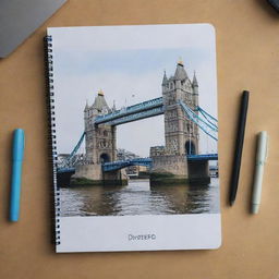 A stylish English notebook cover featuring an image of London Bridge with a student in the foreground