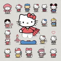 A series of charming and creative illustrations featuring Hello Kitty dressed up as various characters and objects