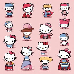 A series of charming and creative illustrations featuring Hello Kitty dressed up as various characters and objects