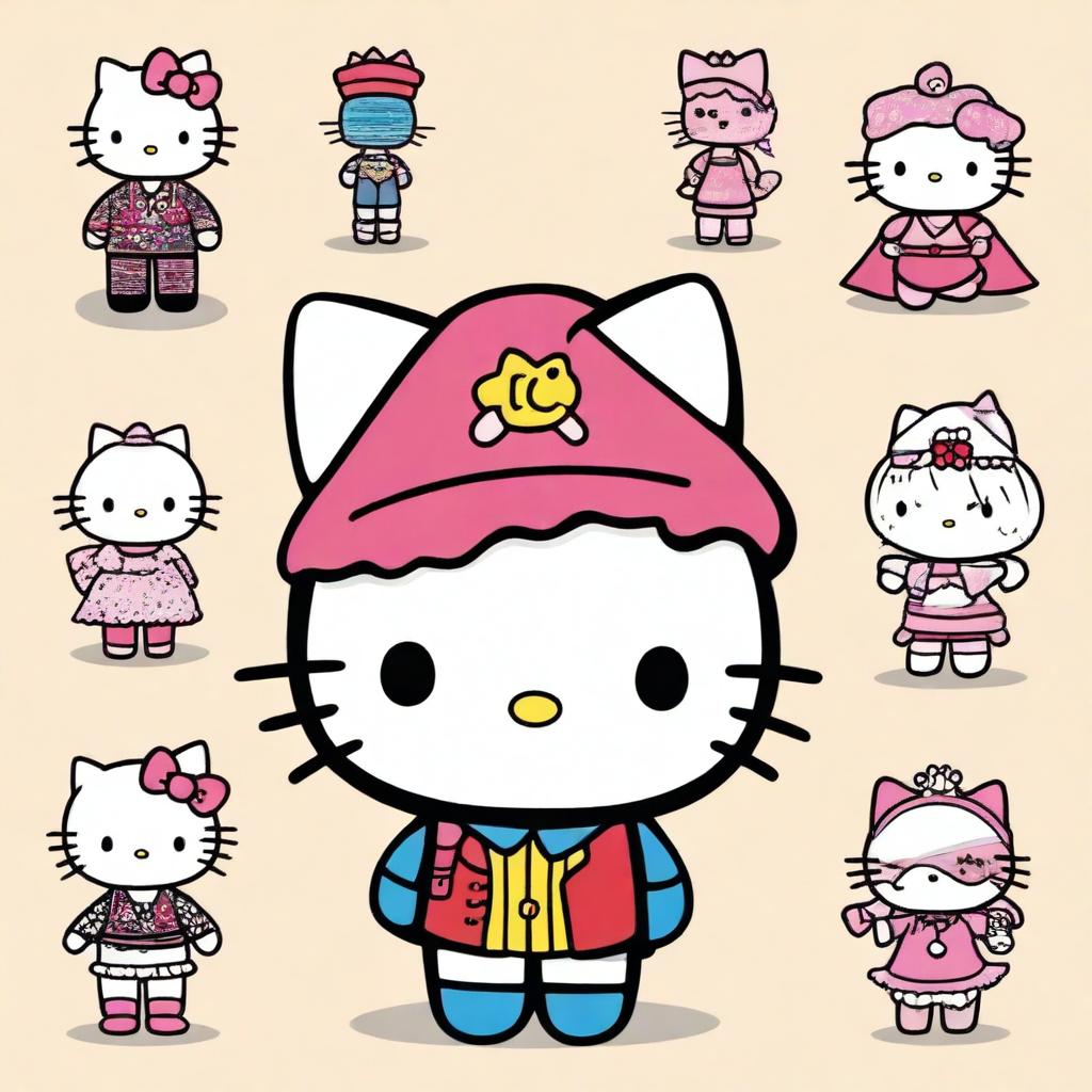 A series of charming and creative illustrations featuring Hello Kitty dressed up as various characters and objects