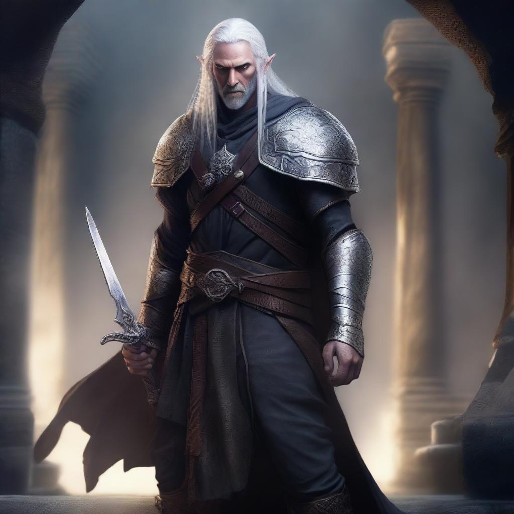 An edgy high elf rogue man with an intense expression, dressed in dark leather armor, standing in a shadowy and mysterious setting