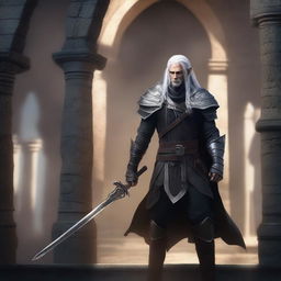 An edgy high elf rogue man with an intense expression, dressed in dark leather armor, standing in a shadowy and mysterious setting