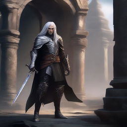 An edgy high elf rogue man with an intense expression, dressed in dark leather armor, standing in a shadowy and mysterious setting