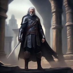 An edgy high elf rogue man with an intense expression, dressed in dark leather armor, standing in a shadowy and mysterious setting