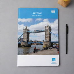 A stylish English notebook cover featuring an image of London Bridge with a student in the foreground