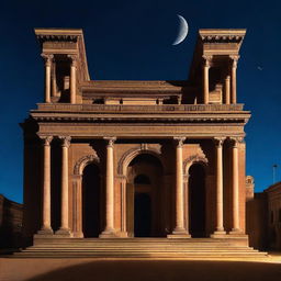 A large building with many pillars and arches stands majestically under a very dark night sky