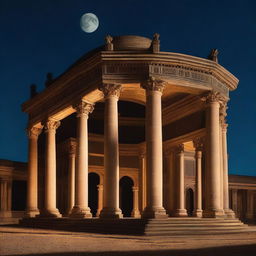 A large building with many pillars and arches stands majestically under a very dark night sky