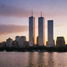 The iconic twin towers of the World Trade Center in New York City, glowing against a sunset skyline. Their majestic stature is reflected in the adjacent Hudson River.