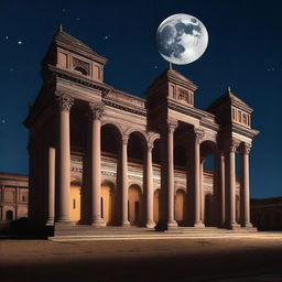 A large building with many pillars and arches stands majestically under a very dark night sky