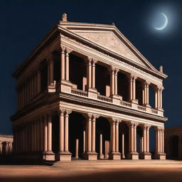 A large building with many pillars and arches stands majestically under a very dark night sky