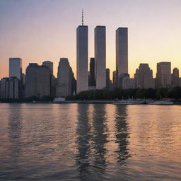 The iconic twin towers of the World Trade Center in New York City, glowing against a sunset skyline. Their majestic stature is reflected in the adjacent Hudson River.