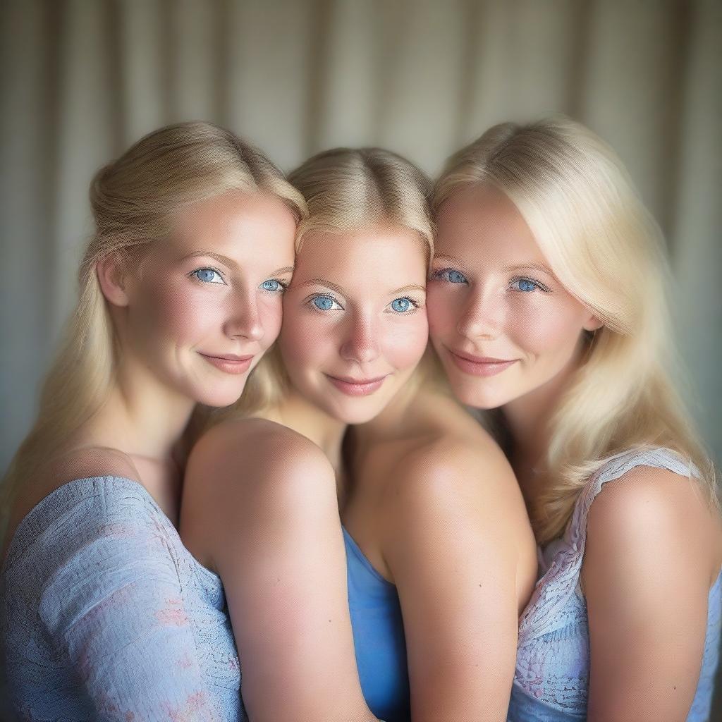 A captivating portrait photograph of three identical triplets, all 28 years old, with blonde hair and striking blue eyes