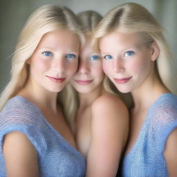 A captivating portrait photograph of three identical triplets, all 28 years old, with blonde hair and striking blue eyes