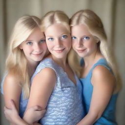 A captivating portrait photograph of three identical triplets, all 28 years old, with blonde hair and striking blue eyes