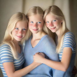 A captivating portrait photograph of three identical triplets, all 28 years old, with blonde hair and striking blue eyes