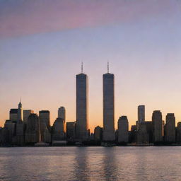 The iconic twin towers of the World Trade Center in New York City, glowing against a sunset skyline. Their majestic stature is reflected in the adjacent Hudson River.