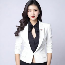 A cute 20-year-old Chinese model wearing a sexy white casino dealer outfit