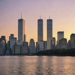 The iconic twin towers of the World Trade Center in New York City, glowing against a sunset skyline. Their majestic stature is reflected in the adjacent Hudson River.