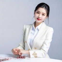 A cute 20-year-old Chinese model wearing a stylish white casino dealer outfit