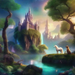 A magical and enchanting scene from a fantasy movie featuring a mystical forest with glowing plants, a sparkling river, and a majestic castle in the background