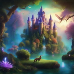 A magical and enchanting scene from a fantasy movie featuring a mystical forest with glowing plants, a sparkling river, and a majestic castle in the background